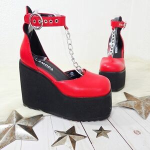 Lamoda Red Black Platform Wedge Heels Chain Ankle Strap Goth UK Size 5